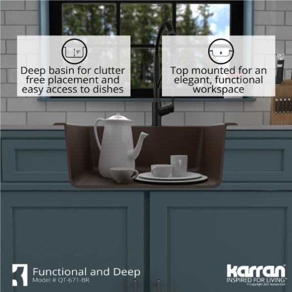 Karran 25" Drop In/Topmount Quartz Composite Kitchen Sink, Brown, QT-671-BR