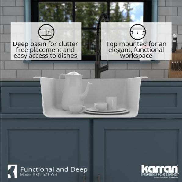 Karran 25" Drop In/Topmount Quartz Composite Kitchen Sink, White, QT-671-WH
