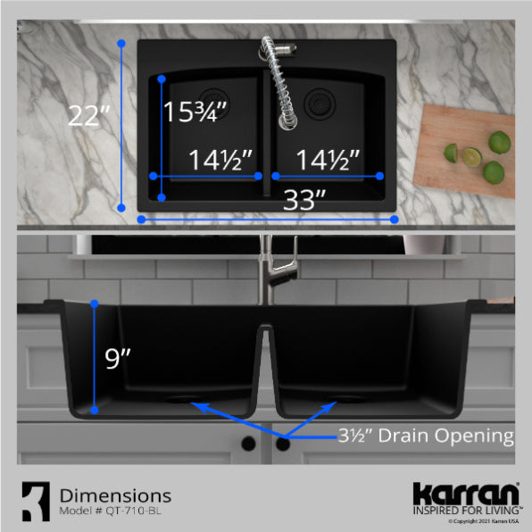 Karran 33" Drop In/Topmount Quartz Composite Kitchen Sink, 50/50 Double Bowl, Black, QT-710-BL-PK1