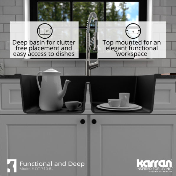 Karran 33" Drop In/Topmount Quartz Composite Kitchen Sink, 50/50 Double Bowl, Black, QT-710-BL-PK1