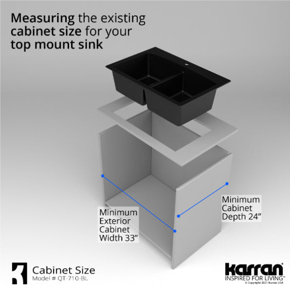 Karran 33" Drop In/Topmount Quartz Composite Kitchen Sink, 50/50 Double Bowl, Black, QT-710-BL-PK1