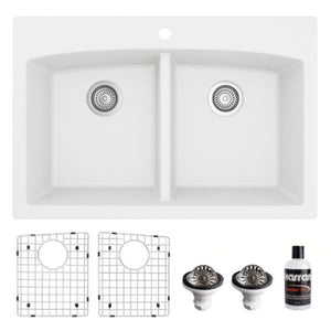 Alternate Image for Karran 33" Drop In/Topmount Quartz Composite Kitchen Sink, 50/50 Double Bowl, White, QT-710-WH-PK1
