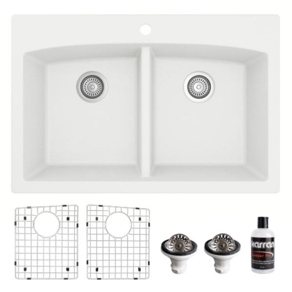 Karran 33" Drop In/Topmount Quartz Composite Kitchen Sink, 50/50 Double Bowl, White, QT-710-WH-PK1