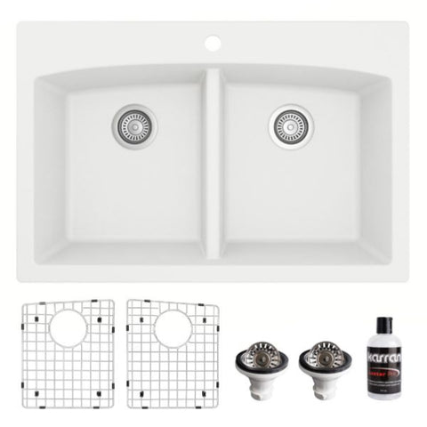 Karran 33" Drop In/Topmount Quartz Composite Kitchen Sink, 50/50 Double Bowl, White, QT-710-WH-PK1