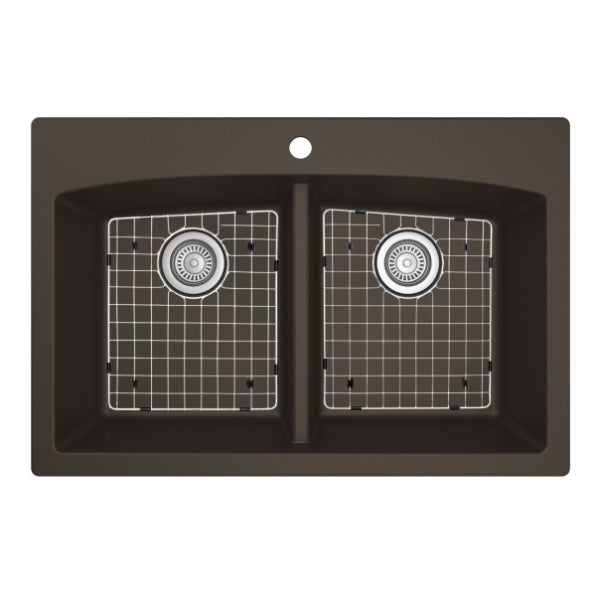 Karran 33" Drop In/Topmount Quartz Composite Kitchen Sink, 50/50 Double Bowl, Brown, QT-710-BR-PK1