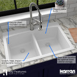 Karran 33" Drop In/Topmount Quartz Composite Kitchen Sink, 50/50 Double Bowl, White, QT-710-WH-PK1