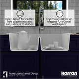 Karran 33" Drop In/Topmount Quartz Composite Kitchen Sink, 50/50 Double Bowl, White, QT-710-WH-PK1