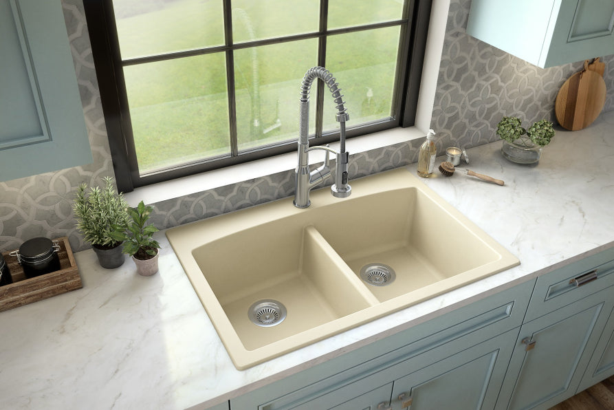 Karran 33" Drop In/Topmount Quartz Composite Kitchen Sink, 50/50 Double Bowl, Bisque, QT-710-BI-PK1