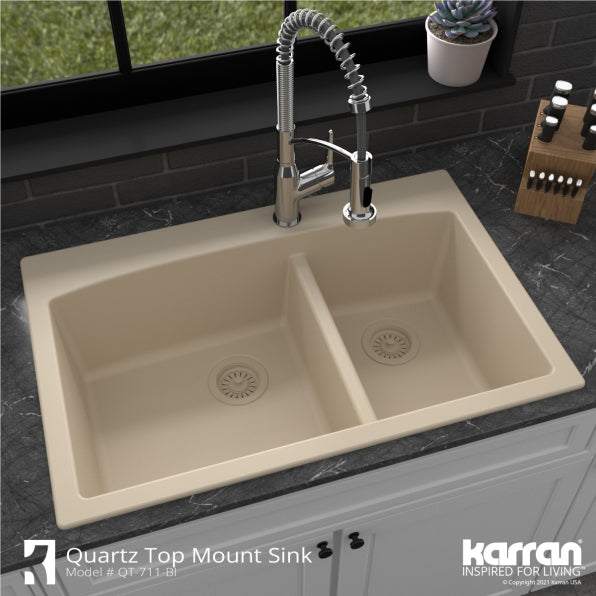 Karran 33" Drop In/Topmount Quartz Composite Kitchen Sink, 50/50 Double Bowl, Bisque, QT-710-BI-PK1