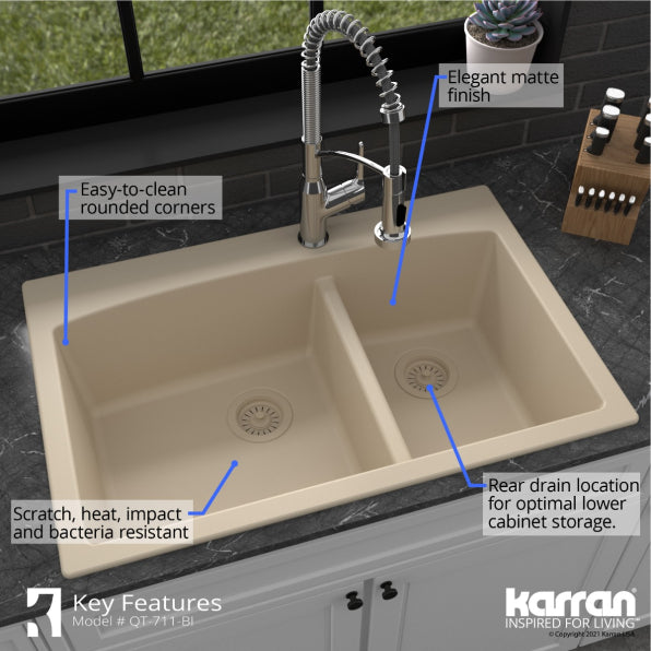 Karran 33" Drop In/Topmount Quartz Composite Kitchen Sink, 50/50 Double Bowl, Bisque, QT-710-BI-PK1