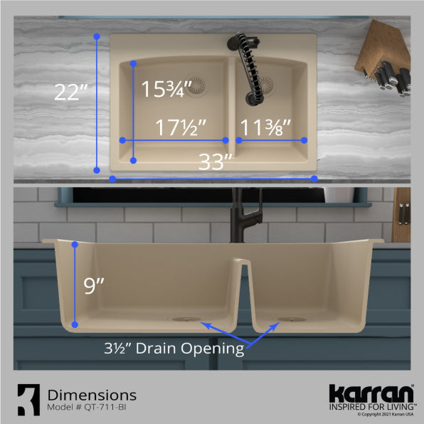 Karran 33" Drop In/Topmount Quartz Composite Kitchen Sink, 50/50 Double Bowl, Bisque, QT-710-BI-PK1