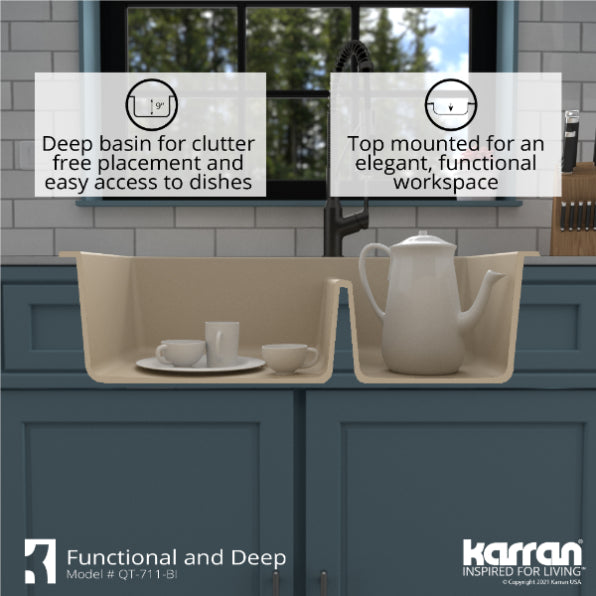 Karran 33" Drop In/Topmount Quartz Composite Kitchen Sink, 60/40 Double Bowl, Bisque, QT-711-BI