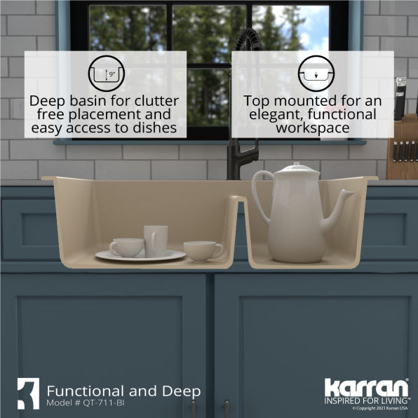 Karran 33" Drop In/Topmount Quartz Composite Kitchen Sink, 50/50 Double Bowl, Bisque, QT-710-BI-PK1