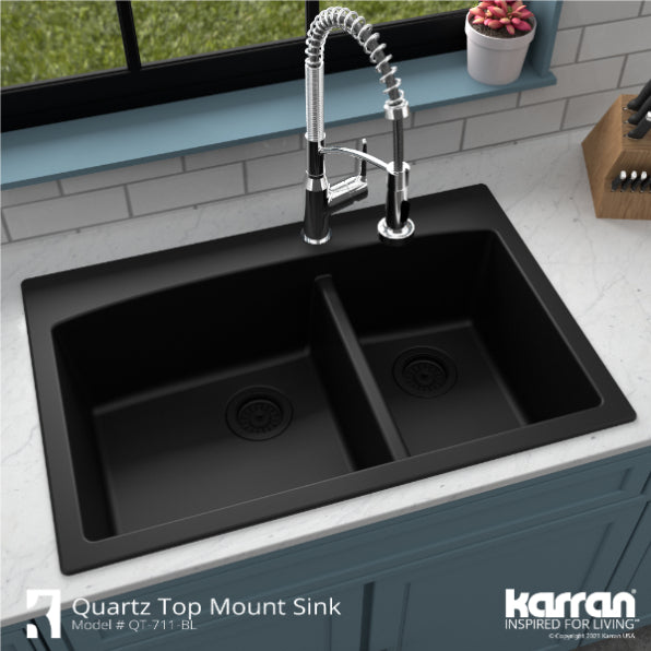 Karran 33" Drop In/Topmount Quartz Composite Kitchen Sink, 60/40 Double Bowl, Black, QT-711-BL-PK1
