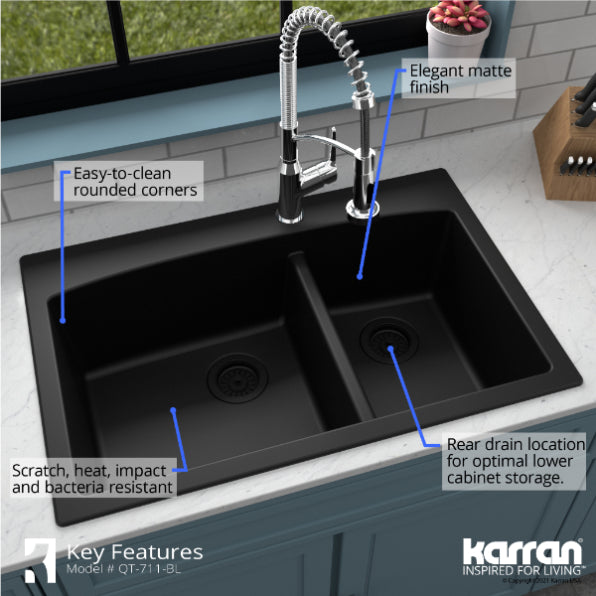Karran 33" Drop In/Topmount Quartz Composite Kitchen Sink, 60/40 Double Bowl, Black, QT-711-BL
