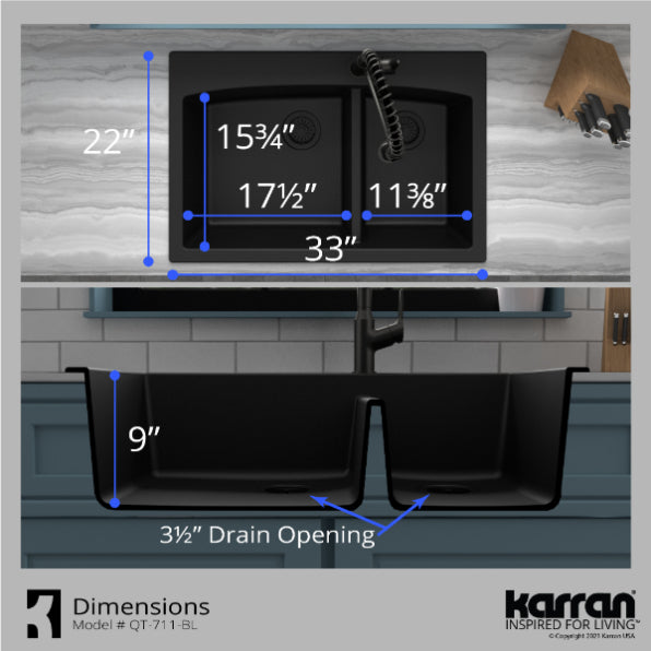 Karran 33" Drop In/Topmount Quartz Composite Kitchen Sink, 60/40 Double Bowl, Black, QT-711-BL-PK1
