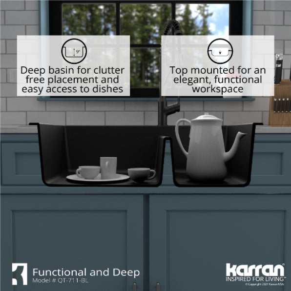 Karran 33" Drop In/Topmount Quartz Composite Kitchen Sink, 60/40 Double Bowl, Black, QT-711-BL-PK1
