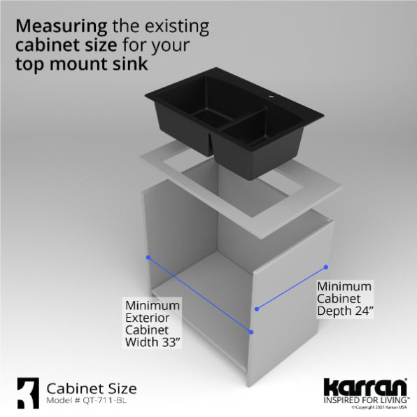 Karran 33" Drop In/Topmount Quartz Composite Kitchen Sink, 60/40 Double Bowl, Black, QT-711-BL-PK1