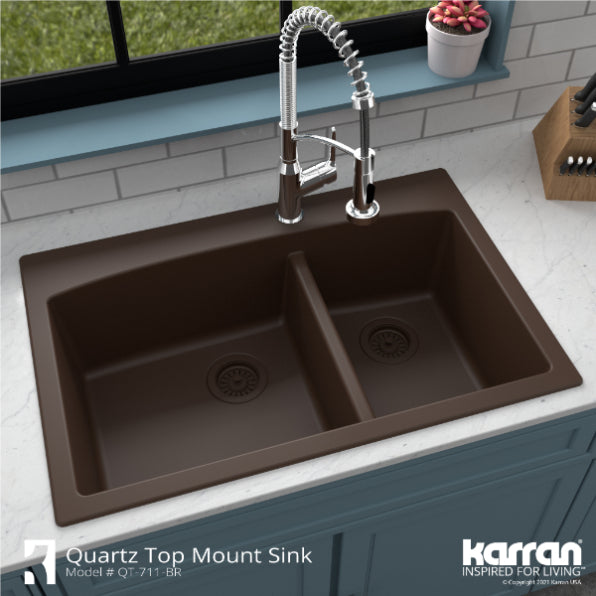 Karran 33" Drop In/Topmount Quartz Composite Kitchen Sink, 60/40 Double Bowl, Brown, QT-711-BR-PK1