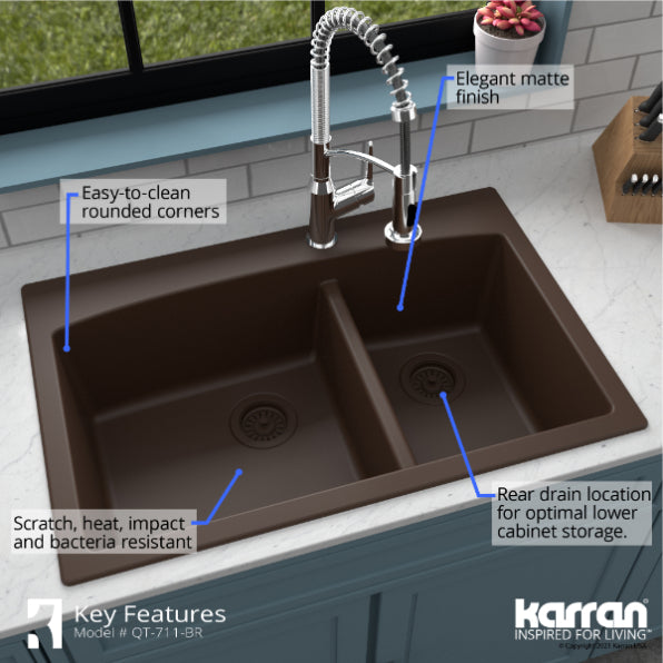 Karran 33" Drop In/Topmount Quartz Composite Kitchen Sink, 60/40 Double Bowl, Brown, QT-711-BR-PK1