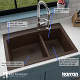 Karran 33" Drop In/Topmount Quartz Composite Kitchen Sink, 60/40 Double Bowl, Brown, QT-711-BR