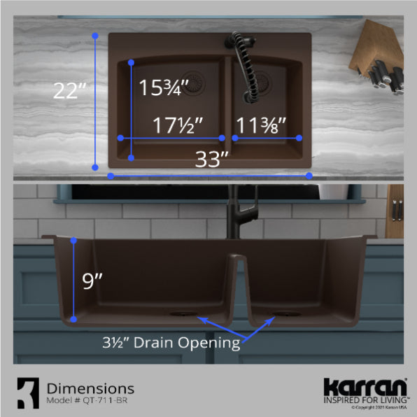Karran 33" Drop In/Topmount Quartz Composite Kitchen Sink, 60/40 Double Bowl, Brown, QT-711-BR