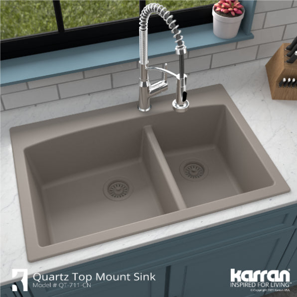 Karran 33" Drop In/Topmount Quartz Composite Kitchen Sink, 60/40 Double Bowl, Concrete, QT-711-CN-PK1