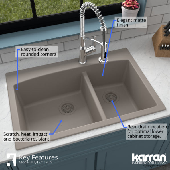 Karran 33" Drop In/Topmount Quartz Composite Kitchen Sink, 60/40 Double Bowl, Concrete, QT-711-CN-PK1