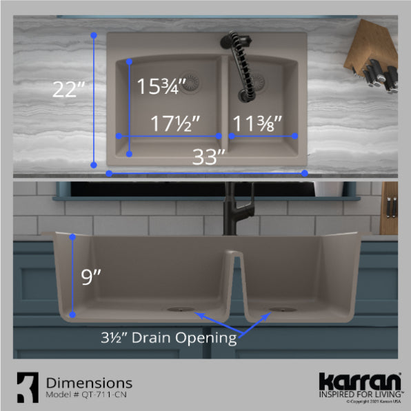 Karran 33" Drop In/Topmount Quartz Composite Kitchen Sink, 60/40 Double Bowl, Concrete, QT-711-CN-PK1