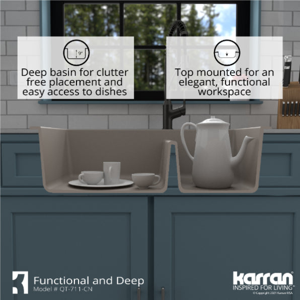 Karran 33" Drop In/Topmount Quartz Composite Kitchen Sink, 60/40 Double Bowl, Concrete, QT-711-CN-PK1