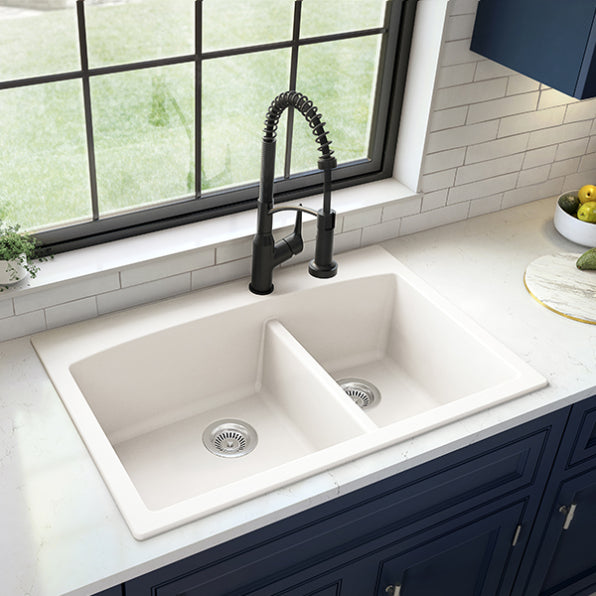 Karran 33" Drop In/Topmount Quartz Composite Kitchen Sink, 60/40 Double Bowl, White, QT-711-WH-PK1