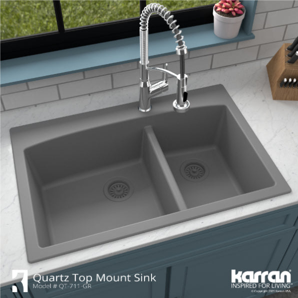 Karran 33" Drop In/Topmount Quartz Composite Kitchen Sink, 60/40 Double Bowl, Grey, QT-711-GR