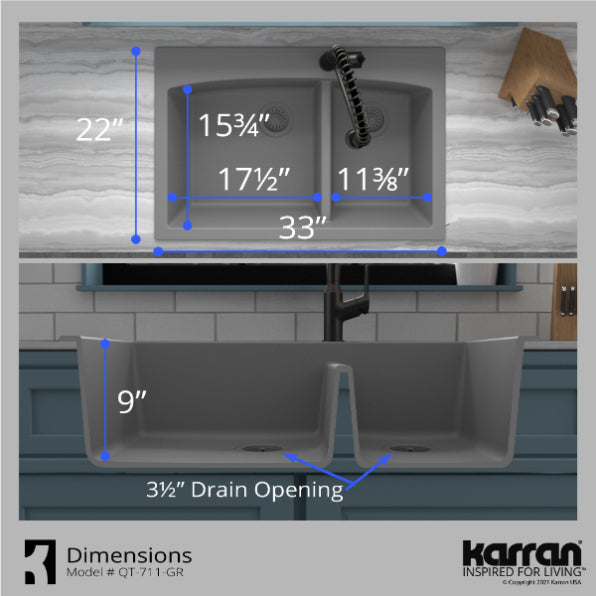 Karran 33" Drop In/Topmount Quartz Composite Kitchen Sink, 60/40 Double Bowl, Grey, QT-711-GR
