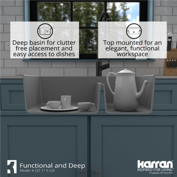 Karran 33" Drop In/Topmount Quartz Composite Kitchen Sink, 60/40 Double Bowl, Grey, QT-711-GR