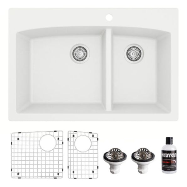 Karran 33" Drop In/Topmount Quartz Composite Kitchen Sink, 60/40 Double Bowl, White, QT-711-WH-PK1