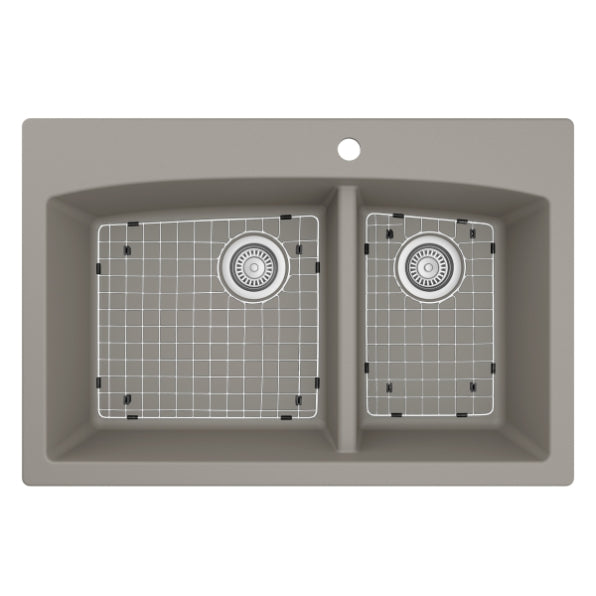 Karran 33" Drop In/Topmount Quartz Composite Kitchen Sink, 60/40 Double Bowl, Concrete, QT-711-CN-PK1