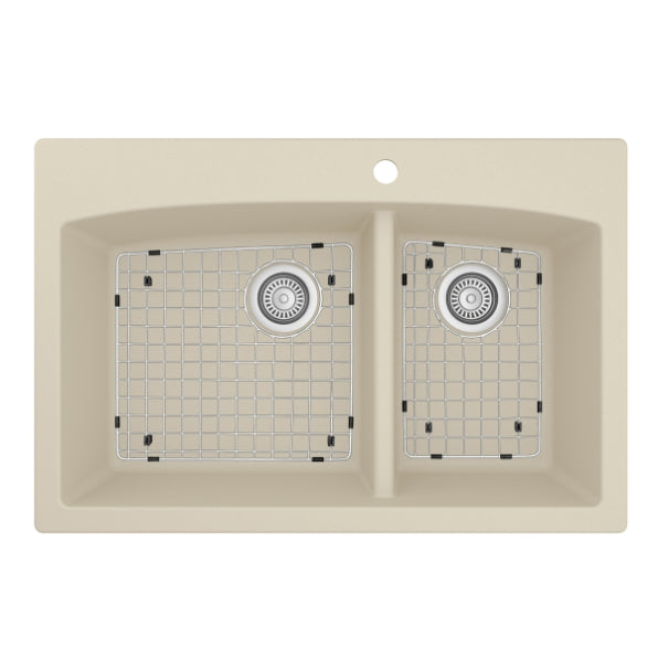Karran 33" Drop In/Topmount Quartz Composite Kitchen Sink, 60/40 Double Bowl, Bisque, QT-711-BI-PK1