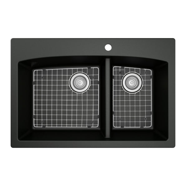 Karran 33" Drop In/Topmount Quartz Composite Kitchen Sink, 60/40 Double Bowl, Black, QT-711-BL-PK1