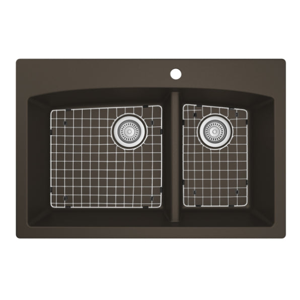 Karran 33" Drop In/Topmount Quartz Composite Kitchen Sink, 60/40 Double Bowl, Brown, QT-711-BR-PK1