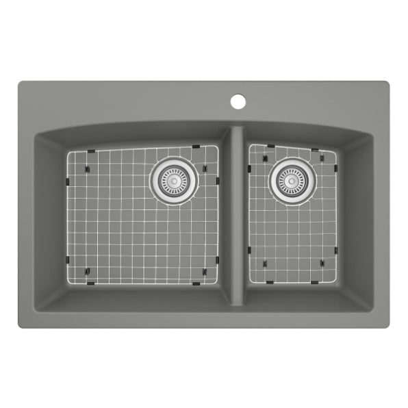Karran 33" Drop In/Topmount Quartz Composite Kitchen Sink, 60/40 Double Bowl, Grey, QT-711-GR-PK1