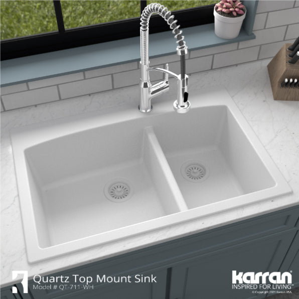 Karran 33" Drop In/Topmount Quartz Composite Kitchen Sink, 60/40 Double Bowl, White, QT-711-WH-PK1