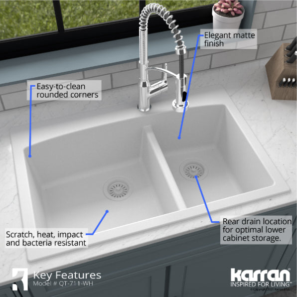 Karran 33" Drop In/Topmount Quartz Composite Kitchen Sink, 60/40 Double Bowl, White, QT-711-WH-PK1