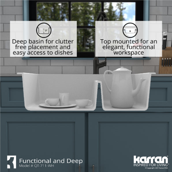 Karran 33" Drop In/Topmount Quartz Composite Kitchen Sink, 60/40 Double Bowl, White, QT-711-WH-PK1