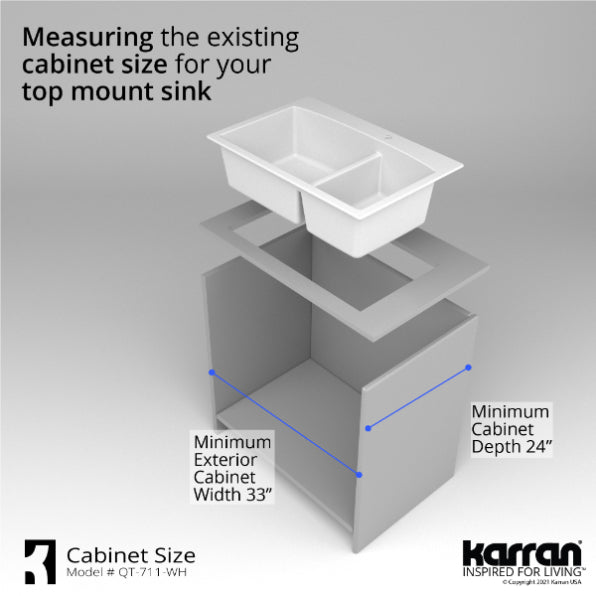 Karran 33" Drop In/Topmount Quartz Composite Kitchen Sink, 60/40 Double Bowl, White, QT-711-WH-PK1