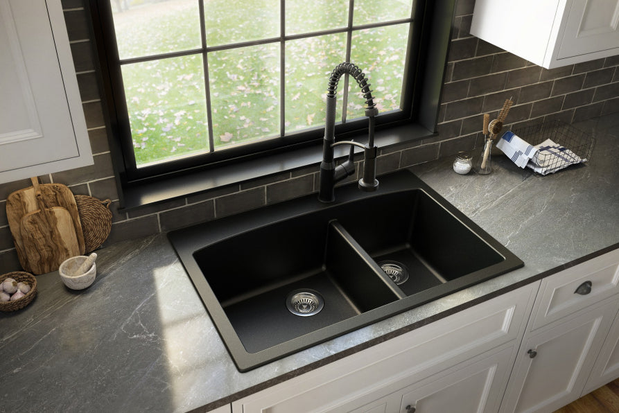 Karran 33" Drop In/Topmount Quartz Composite Kitchen Sink, 60/40 Double Bowl, Black, QT-711-BL-PK1