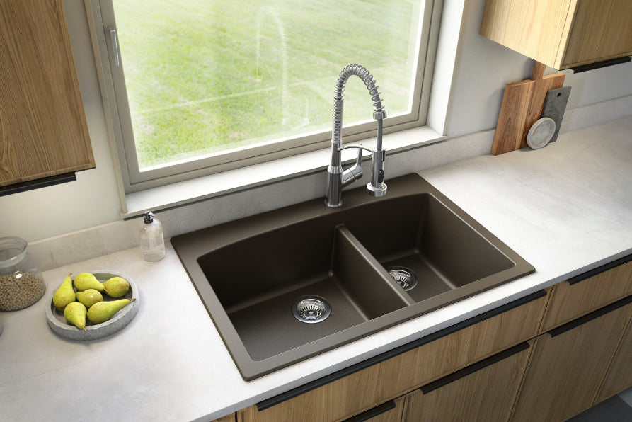 Karran 33" Drop In/Topmount Quartz Composite Kitchen Sink, 60/40 Double Bowl, Brown, QT-711-BR-PK1