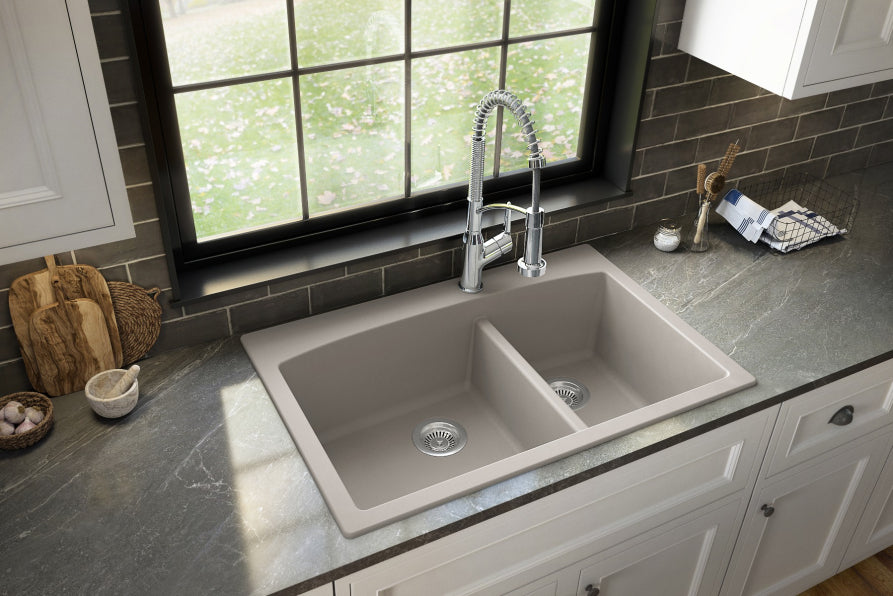 Karran 33" Drop In/Topmount Quartz Composite Kitchen Sink, 60/40 Double Bowl, Concrete, QT-711-CN-PK1