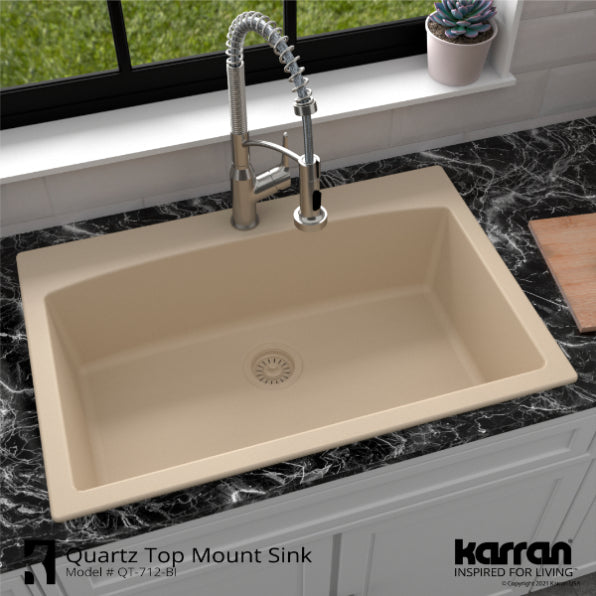 Karran 33" Drop In/Topmount Quartz Composite Kitchen Sink, Bisque, QT-712-BI