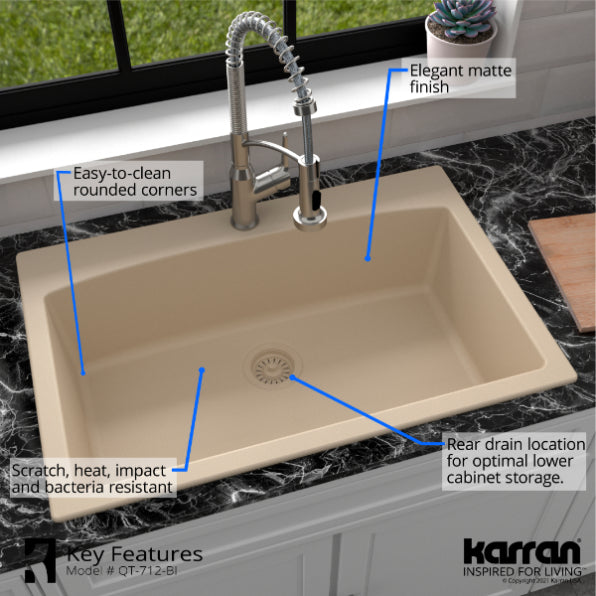 Karran 33" Drop In/Topmount Quartz Composite Kitchen Sink, Bisque, QT-712-BI
