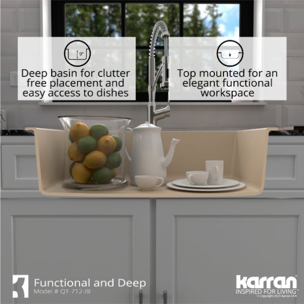 Karran 33" Drop In/Topmount Quartz Composite Kitchen Sink, Bisque, QT-712-BI